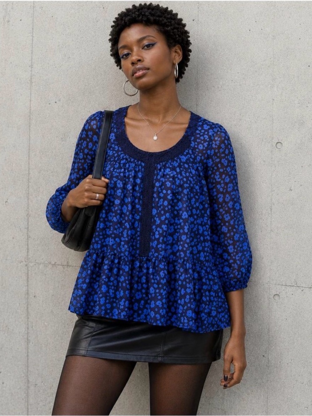 Anthropologie HD in Paris Blue Leopard Boho Art Teacher Tunic Blouse Small